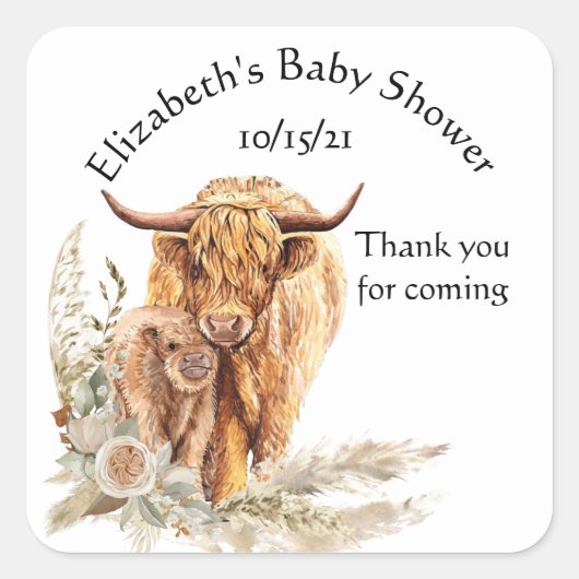 Danke Baby Dusche Highland Cow Calf Quadratischer Aufkleber (Vorderseite)