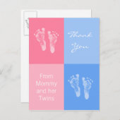Danke Baby Showroom Twins Boy Girl Footprints Ankündigungspostkarte (Vorne/Hinten)