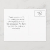 Danke Baby Showroom Twins Boy Girl Footprints Ankündigungspostkarte (Rückseite)