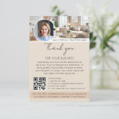 Danke Bewertungsanfrage mit QR-Code-Foto Beige Karte (Stehend Vorderseite)