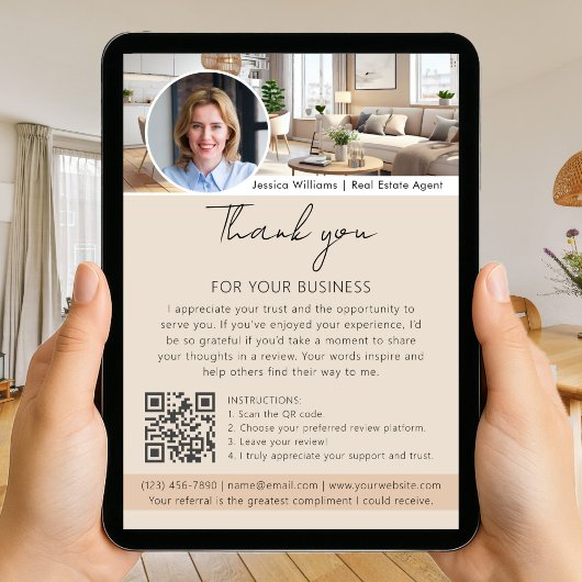 Danke Bewertungsanfrage mit QR-Code-Foto Beige Karte