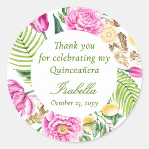 Danke Blumen Pink Pfingstrosen Zitronen Quinceañer Runder Aufkleber