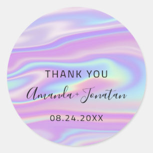 Danke Blush Name Date Schwarz-weiß Holographic Runder Aufkleber