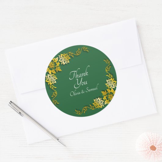 Danke Braut, Bräutigam Namen Smaragdgrün & Gold Runder Aufkleber (Umschlag)