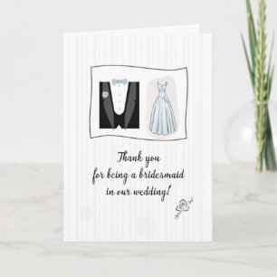 Danke Brautjungfer mit Hochzeitskleid und Smoking Karte