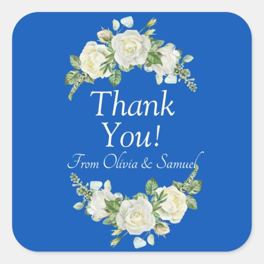 Danke! Bride, Groom Names Cobalt Blue & White Quadratischer Aufkleber (Vorderseite)