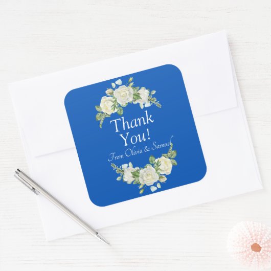 Danke! Bride, Groom Names Cobalt Blue & White Quadratischer Aufkleber (Umschlag)