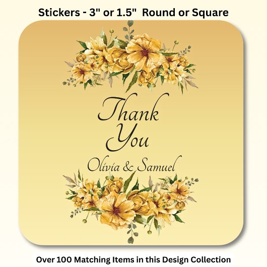 Danke Bride, Groom Names Golden Yellow Flowers Quadratischer Aufkleber