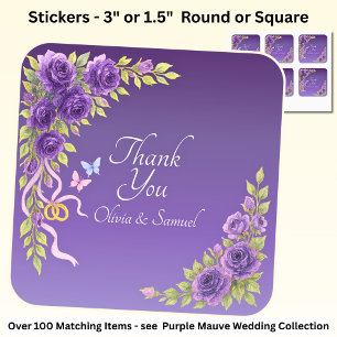 Danke Bride, Groom Names Lila Mauve-Blume Quadratischer Aufkleber