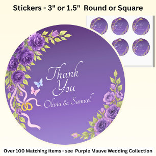 Danke Bride, Groom Names Lila Mauve-Blume Runder Aufkleber