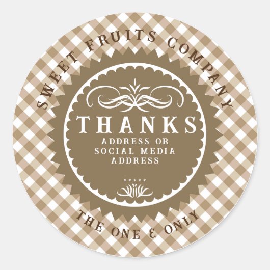 Danke Brown Gingham Classic Round Sticker (Vorderseite)