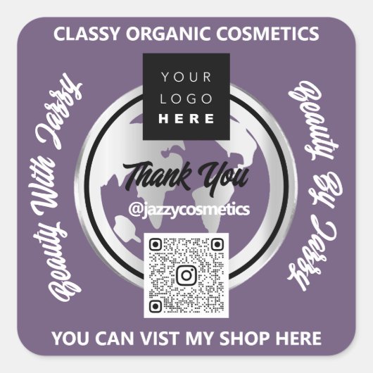 Danke Business QRCode Logo Silver Map Globe Lila Quadratischer Aufkleber (Vorderseite)