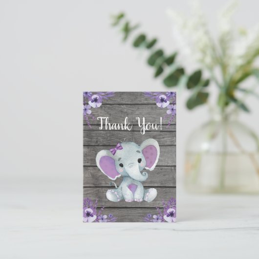 Danke Card Girl Elephant Dusche Lila rustikal Begleitkarte (Stehend Vorderseite)