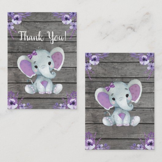 Danke Card Girl Elephant Dusche Lila rustikal Begleitkarte (Vorne/Hinten)