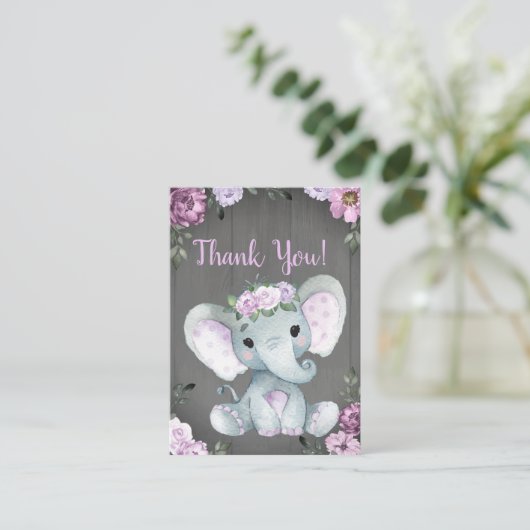 Danke Card Girl Elephant Dusche Lila rustikal Begleitkarte (Stehend Vorderseite)