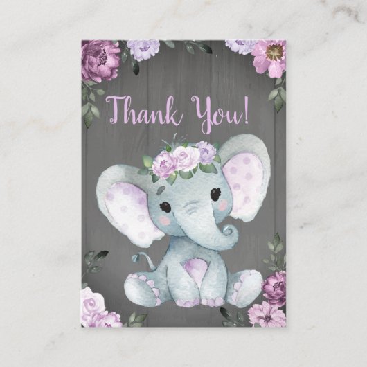 Danke Card Girl Elephant Dusche Lila rustikal Begleitkarte (Vorderseite)