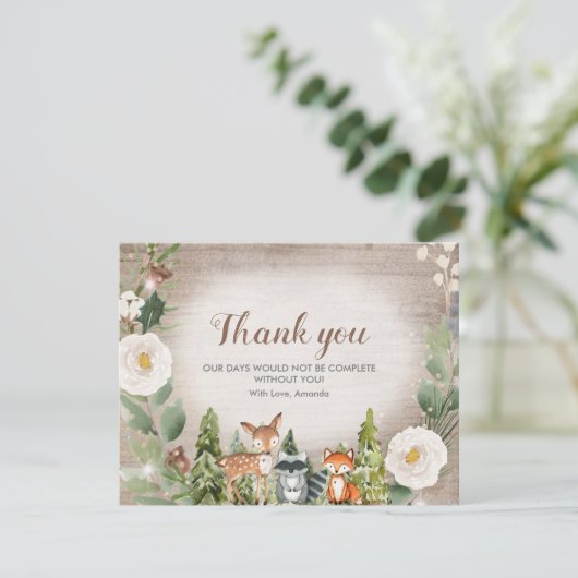 Danke Card Winter Woodland Animal White Floral (Stehend Vorderseite)