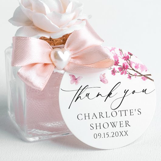 Danke Cherry Blossom Pink Butterfly Runder Aufkleber