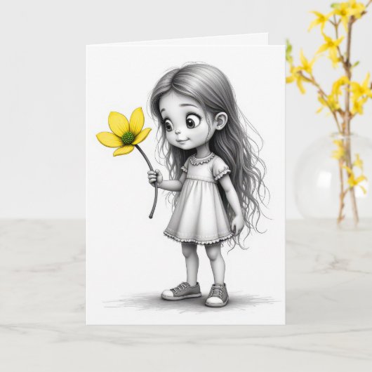 Danke Chibi Child mit gelber Blume Karte (Gelbe Blume)