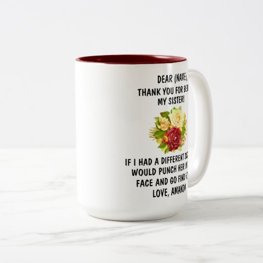 Danke, dass du meine Schwester Tasse, Familiengesc Zweifarbige Tasse (VorderseiteRechts)
