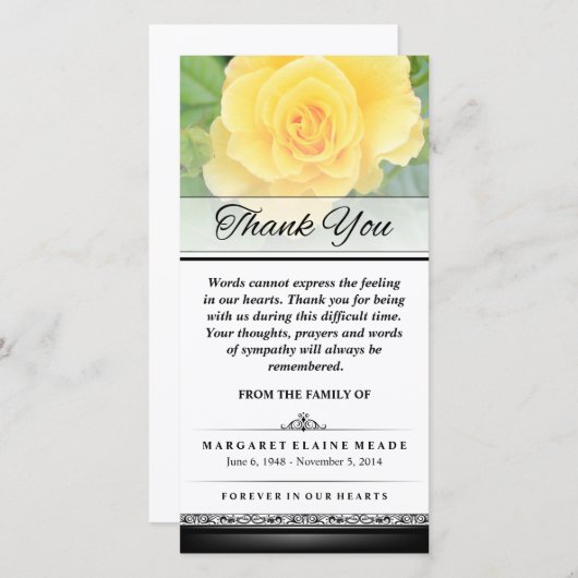 Danke, dass Sie die gelben Worte der Rose beerdige Dankeskarte (Vorne/Hinten)