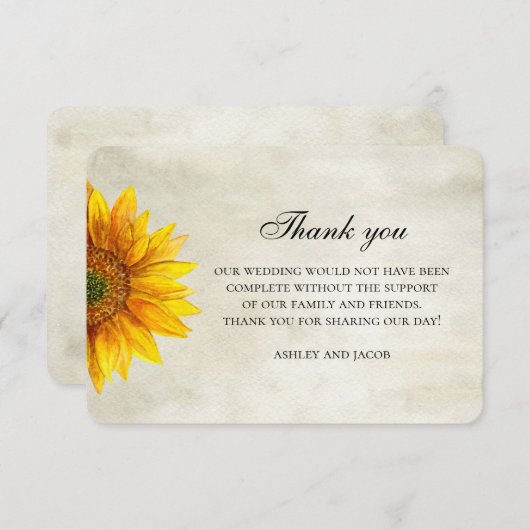 Danke der Sonnenblume. Hochzeitsnote zur rustikale Mitteilungskarte (Vorne/Hinten)