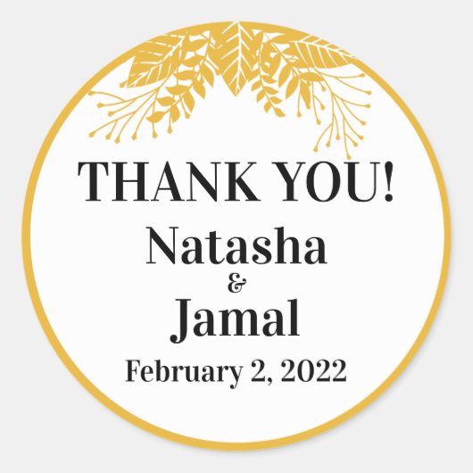 Danke! Elegant Mustard Yellow Blätter Wedding Runder Aufkleber (Vorderseite)