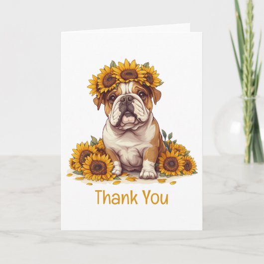 Danke, English Bulldog Sunflower Crown Dankeskarte (Vorderseite)