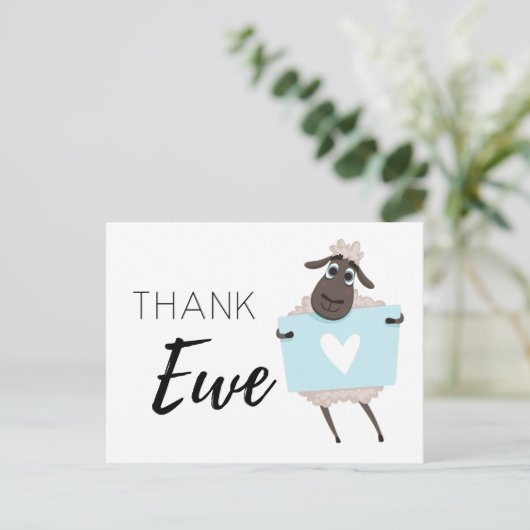 Danke Ewe Sheep Blue mit Herz Danke Postkarte (Stehend Vorderseite)