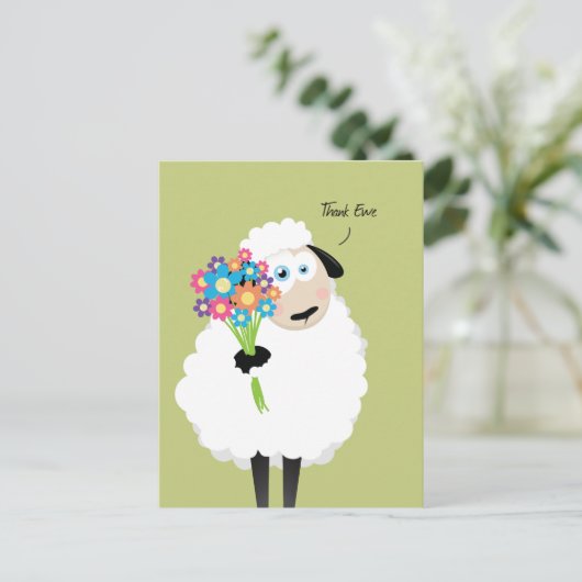 Danke Ewe Sheep mit Blume Danke Postkarte (Stehend Vorderseite)