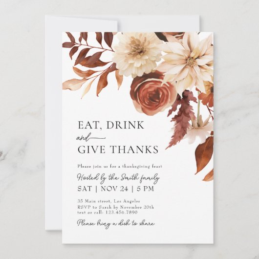 Danke Fall Florals Erntedank Dinner Einladung (Vorderseite)