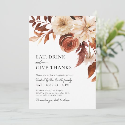 Danke Fall Florals Erntedank Dinner Einladung (Stehend Vorderseite)