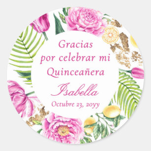 Danke Florale rosa Pfingstrosen spanische Quinceañ Runder Aufkleber