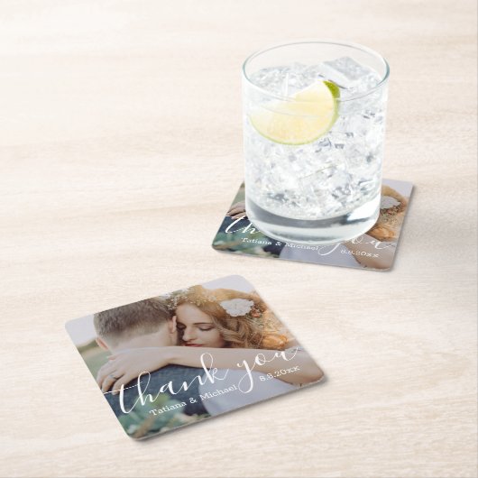 Danke, Foto für die Hochzeit von weißer Kalligrafi Rechteckiger Pappuntersetzer (Vor Ort)