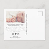 Danke Foto Lila Girl Birth Ankündigungspostkarte (Rückseite)