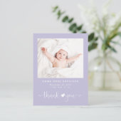 Danke Foto Lila Girl Birth Ankündigungspostkarte (Stehend Vorderseite)