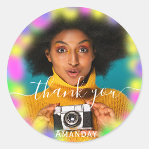 Danke Foto Neon Rosa Party Holografischer Abschlus Runder Aufkleber