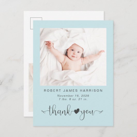 Danke Foto Sea Blue Birth Ankündigungspostkarte (Vorne/Hinten)