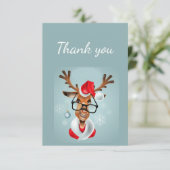 Danke, Funny Reindeer Santa Spaß Cartoon Dankeskarte (Stehend Vorderseite)