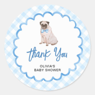 Danke für die Hunde-Baby-Shower im blauen Gingham- Runder Aufkleber
