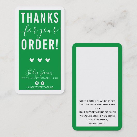 DANKE FÜR IHRE BESTELLUNG einfügen modern grün Visitenkarte (Vorne/Hinten)