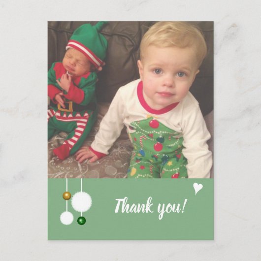 Danke für Weihnachtsgeschenke grün mit Foto Ankündigungspostkarte (Vorderseite)