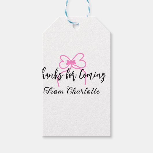 Danke fürs Kommen Name Textnachricht rosa Schleife Geschenkanhänger (Vorderseite)