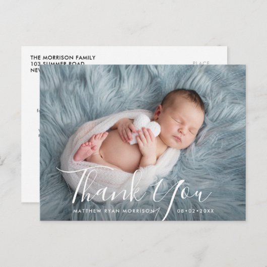 Danke | Geburtsankündigung von Handschrift Postkarte (Vorne/Hinten)