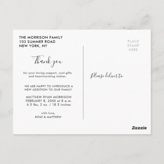 Danke | Geburtsankündigung von Handschrift Postkarte (Rückseite)