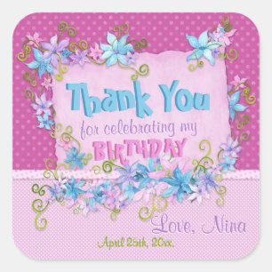 Danke Geburtstagsparty Floral Pink Polka Dots Quadratischer Aufkleber