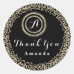 Danke Glitter Monogramm 16. Schwarz WeißGold Hochz Runder Aufkleber