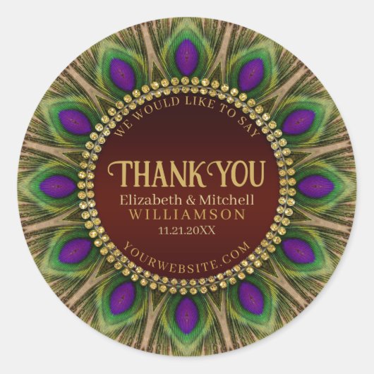 Danke Golden Peacock Feathers Mandala Runder Aufkleber (Vorderseite)