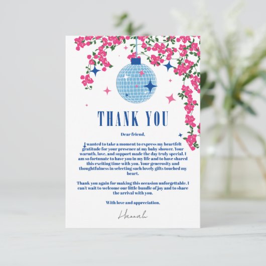 Danke Griechisch Bougainvillea Disco Babydusche Begleitkarte (Stehend Vorderseite)