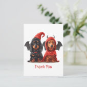 Danke Halloween Dachshund Hunde Teufel Fledermaus Postkarte (Stehend Vorderseite)